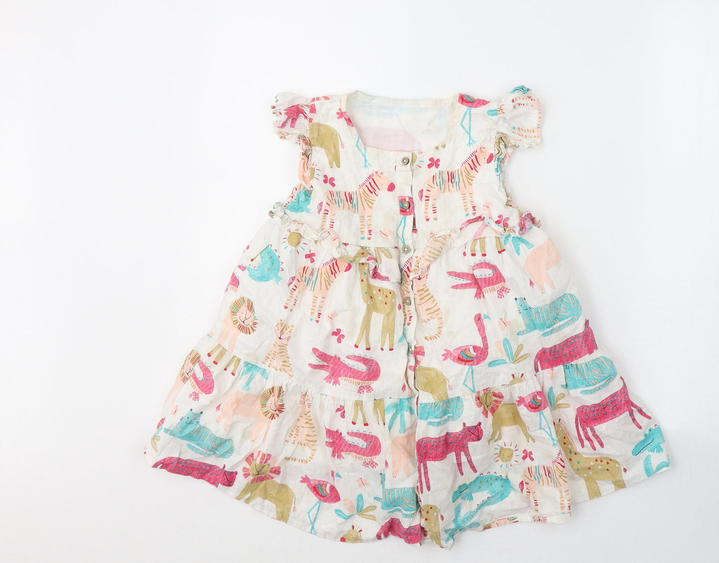 George Girls White Geometric Cotton T-Shirt Dress  Size 5-6 Years  Round Neck Button