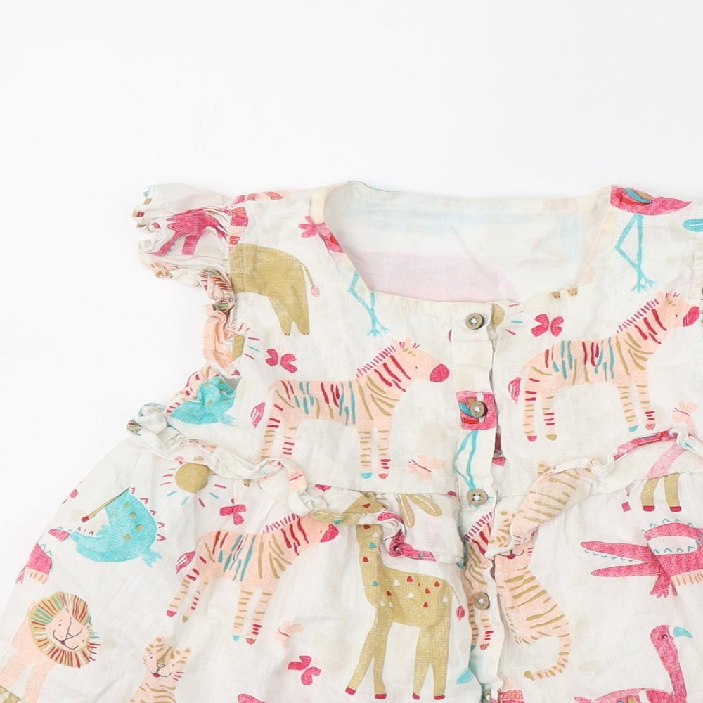 George Girls White Geometric Cotton T-Shirt Dress  Size 5-6 Years  Round Neck Button