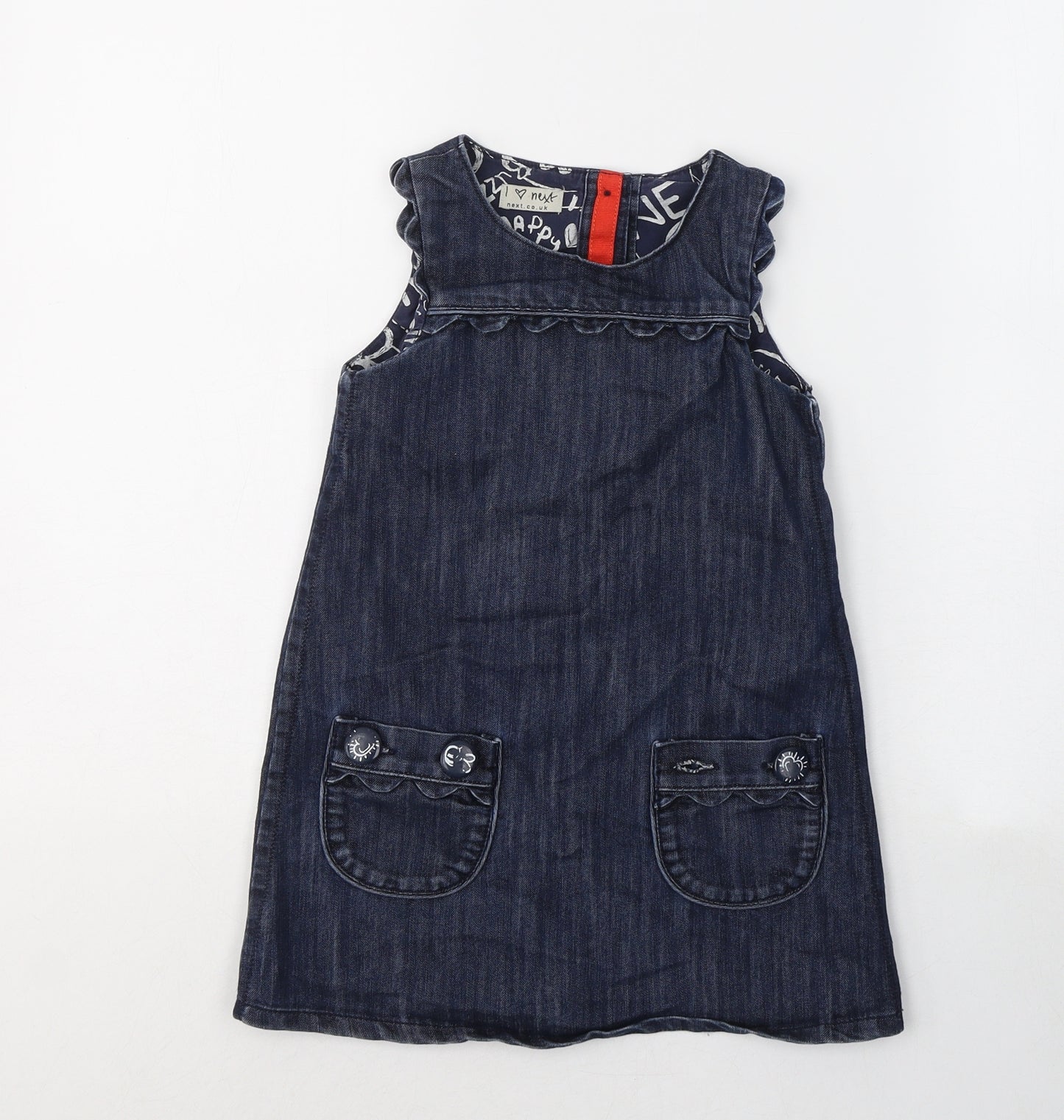NEXT Girls Blue  Cotton Tank Dress  Size 3-4 Years  Round Neck Button
