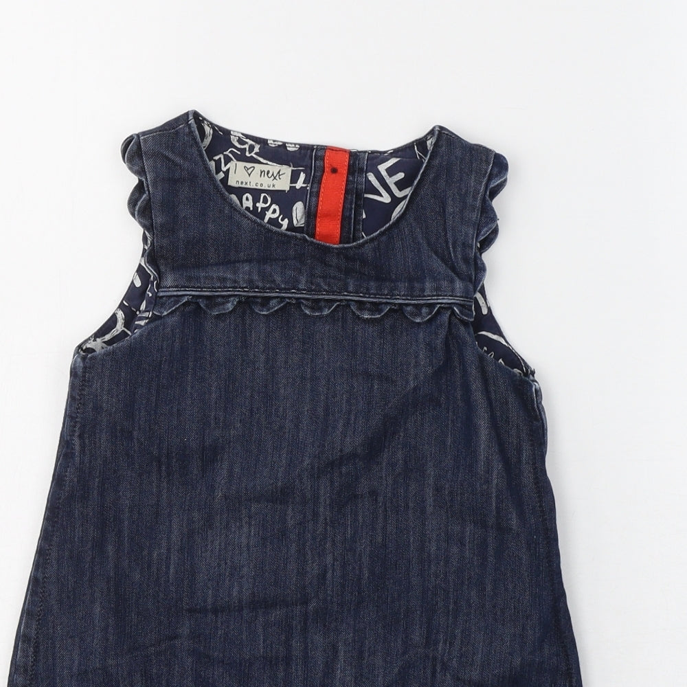 NEXT Girls Blue  Cotton Tank Dress  Size 3-4 Years  Round Neck Button