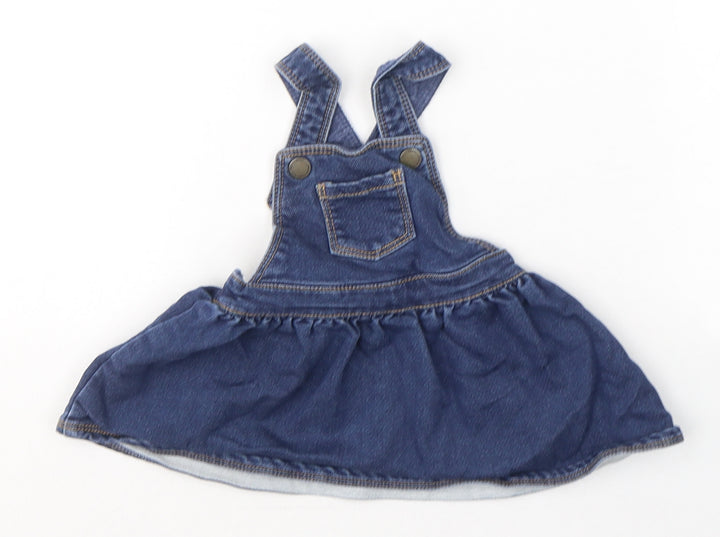NEXT Girls Blue Cotton Pinafore/Dungaree Dress Size 3-6 Months Square Neck Button