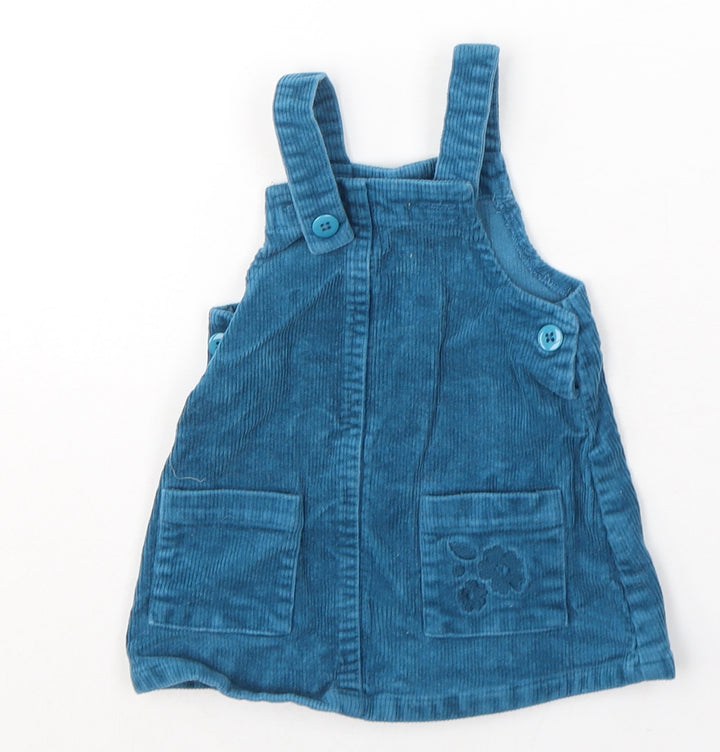 Dunnes Stores Girls Blue Cotton Pinafore/Dungaree Dress Size 6-9 Months Square Neck Button