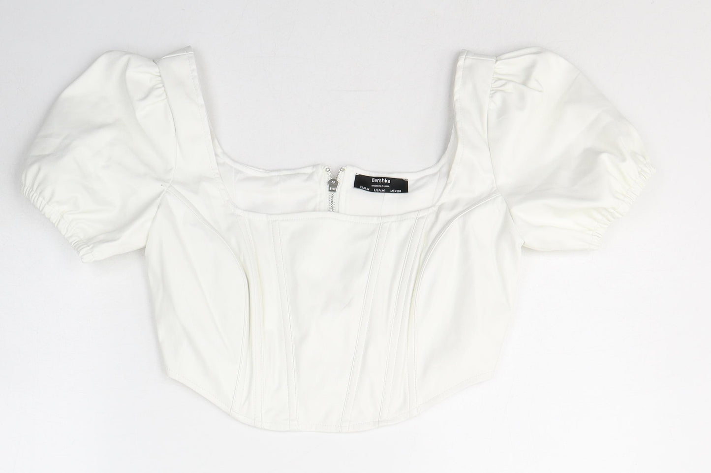 Bershka Womens White  Polyethylene Cropped T-Shirt Size M Square Neck - Faux Leather