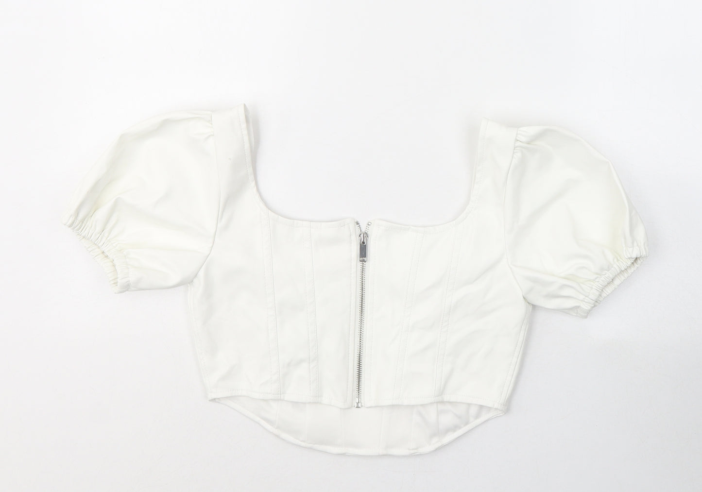 Bershka Womens White  Polyethylene Cropped T-Shirt Size M Square Neck - Faux Leather