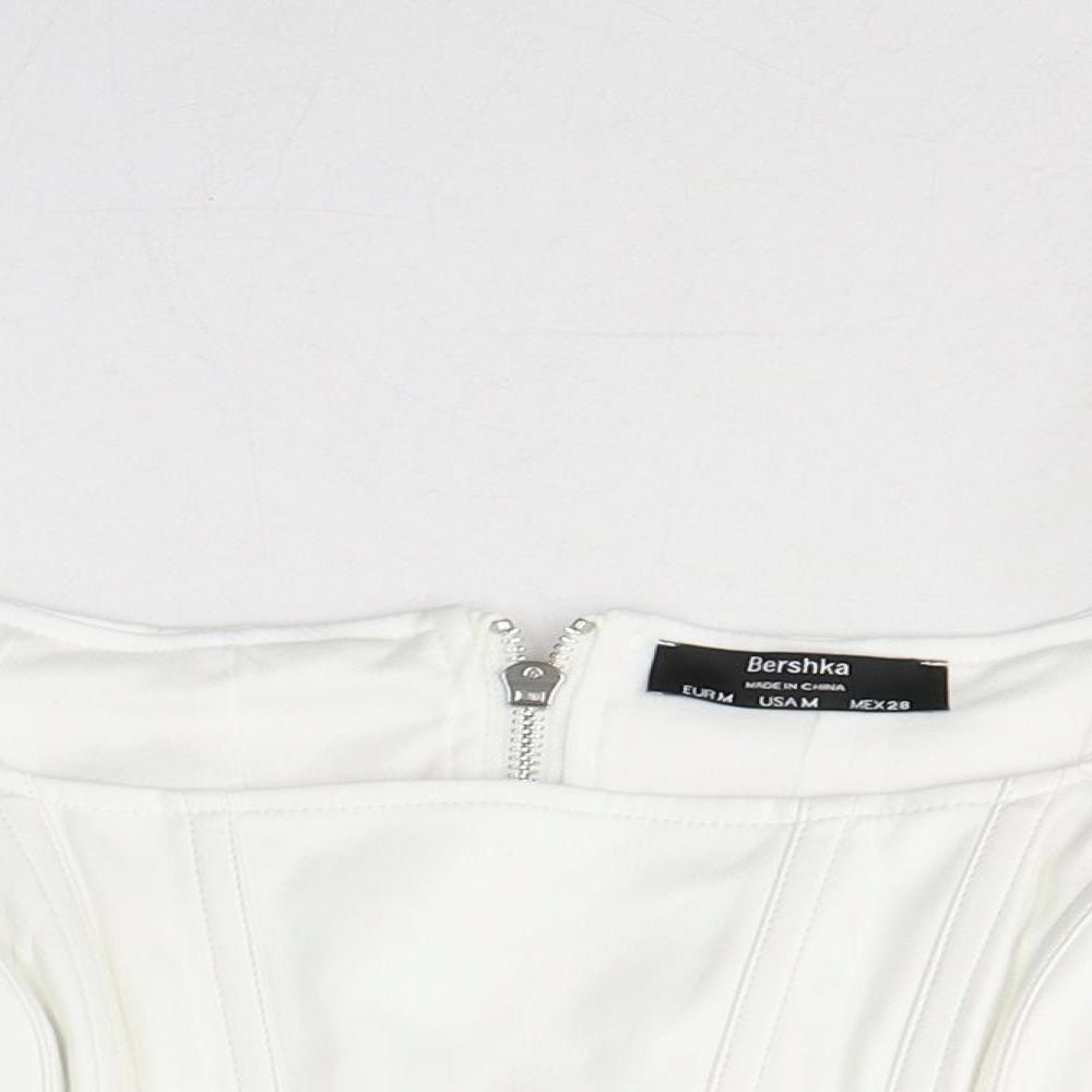 Bershka Womens White  Polyethylene Cropped T-Shirt Size M Square Neck - Faux Leather