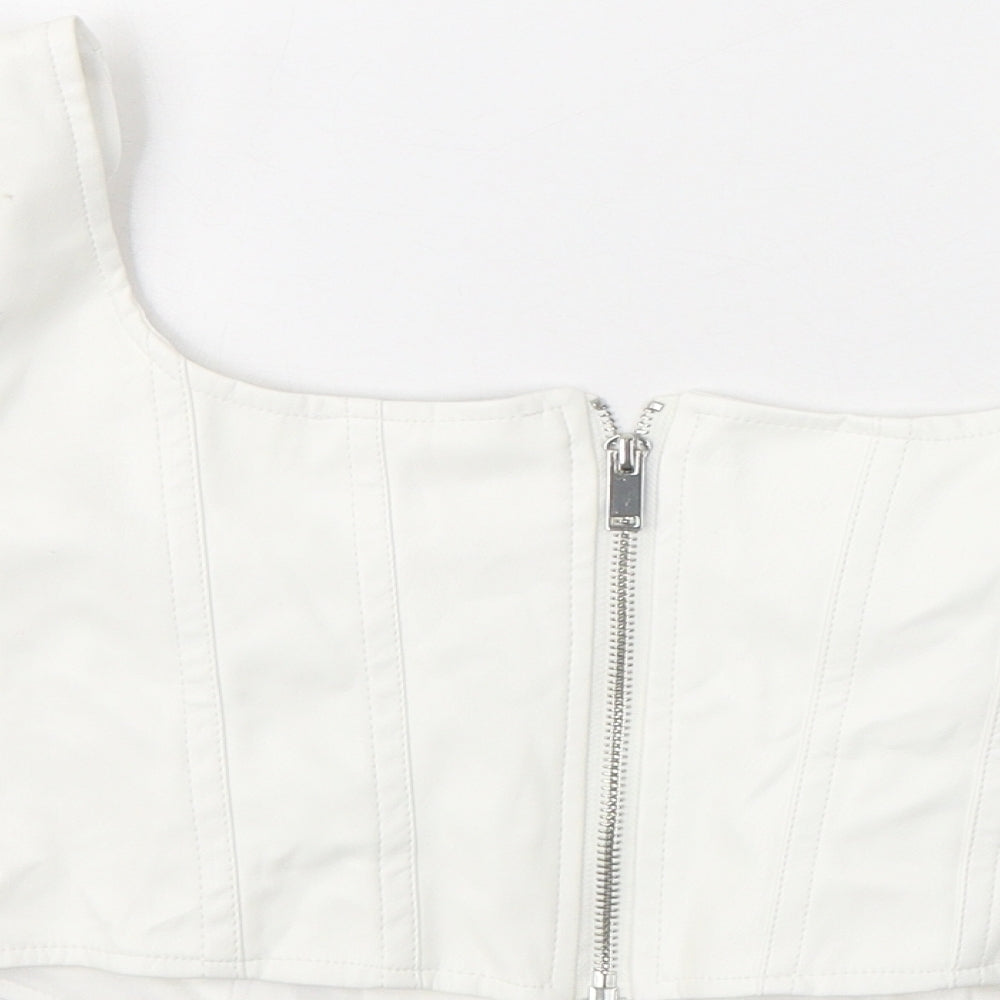 Bershka Womens White  Polyethylene Cropped T-Shirt Size M Square Neck - Faux Leather
