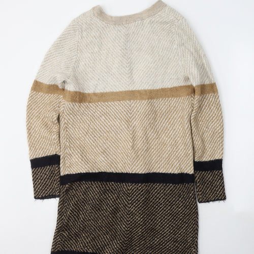 TU Womens Beige V-Neck Geometric Acrylic Cape Jumper Size 10