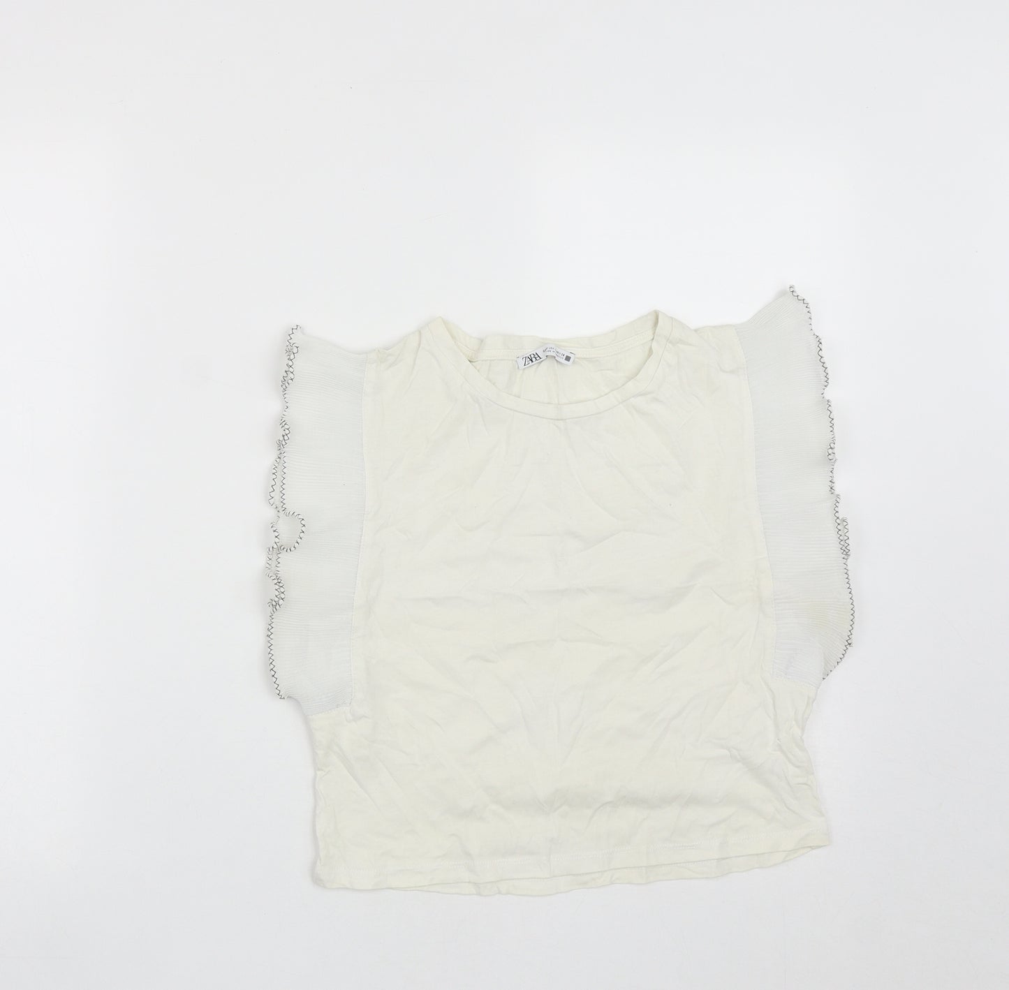 Zara Womens White  Polyester Cropped T-Shirt Size M Round Neck