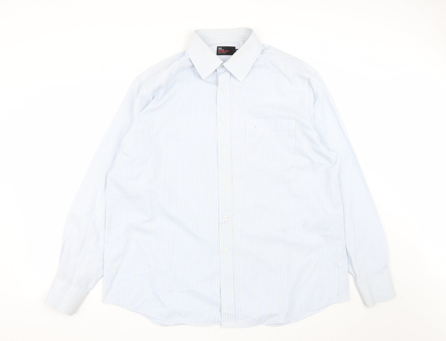 Marks and Spencer Mens Blue Striped Cotton  Button-Up Size 18 Collared Button
