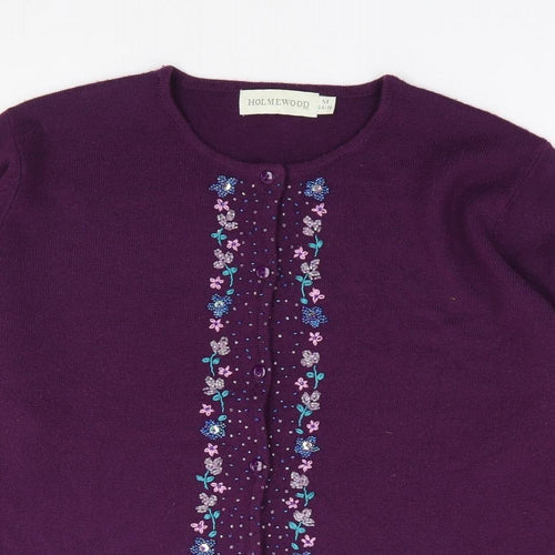 Holmewood Womens Purple Crew Neck Floral Acrylic Cardigan Jumper Size M