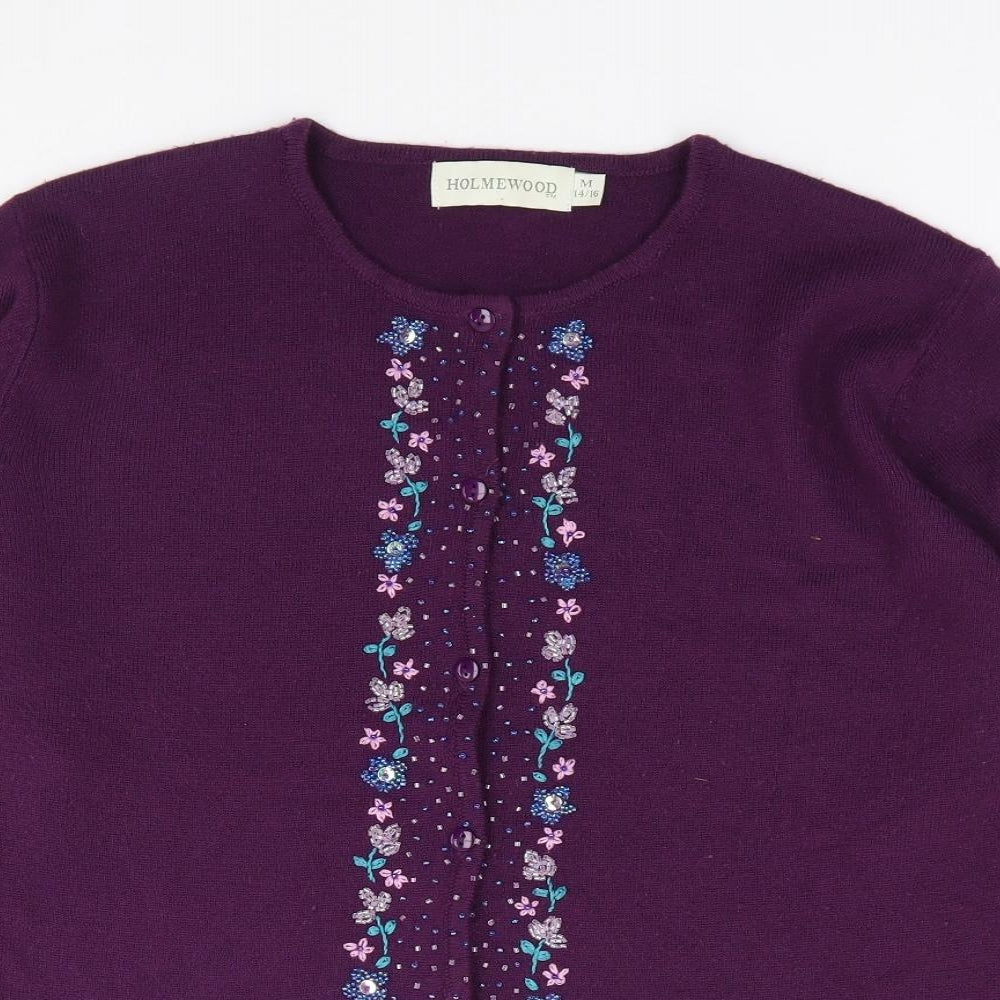 Holmewood Womens Purple Crew Neck Floral Acrylic Cardigan Jumper Size M