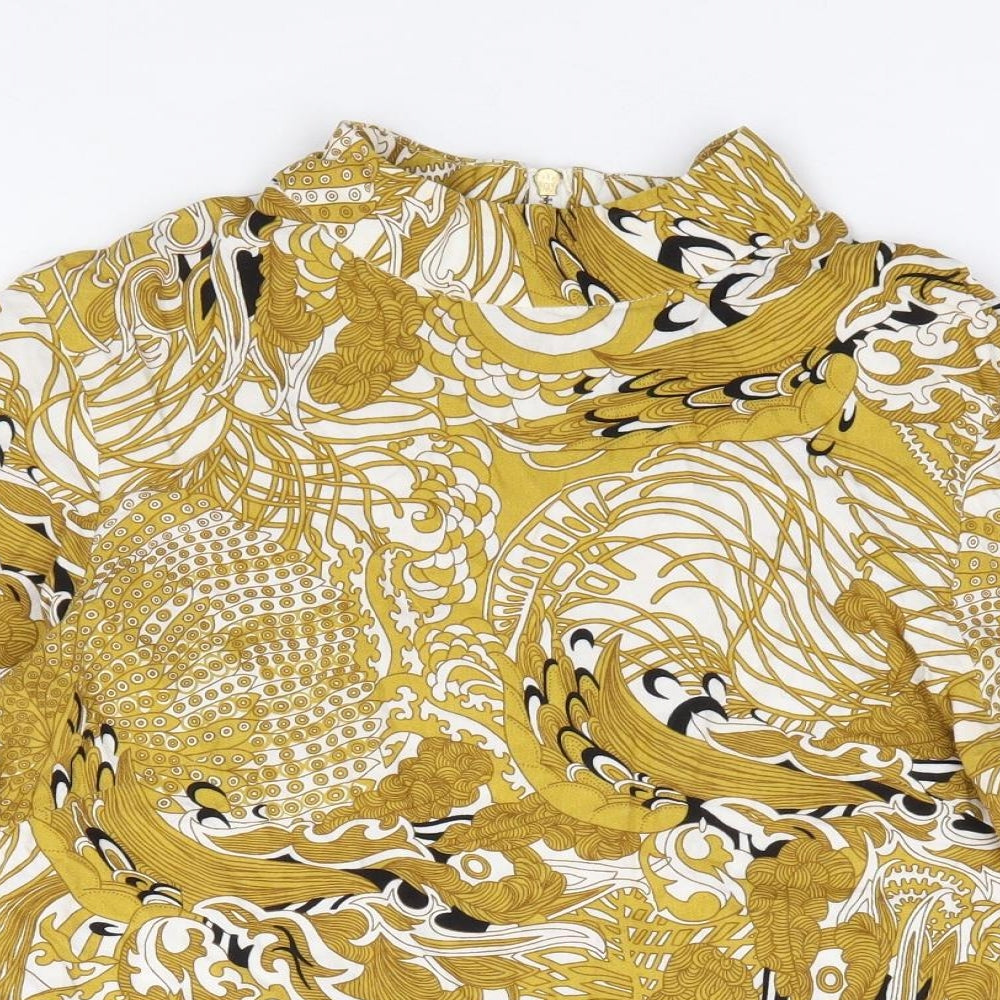 H&M Womens Yellow Floral Viscose Jersey Blouse Size 6 High Neck