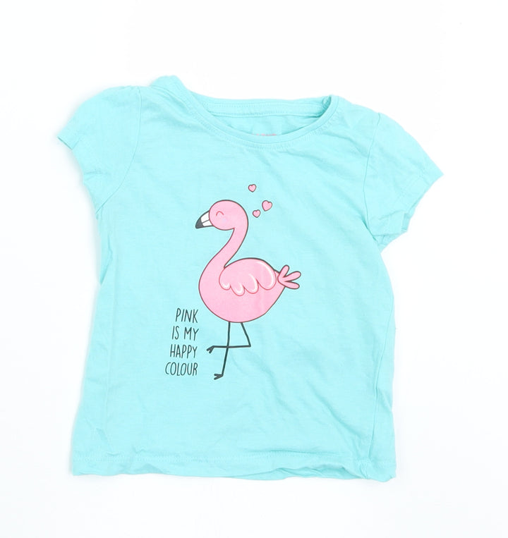 Primark Girls Green  Cotton Basic T-Shirt Size 12-18 Months Crew Neck  - Flamingo