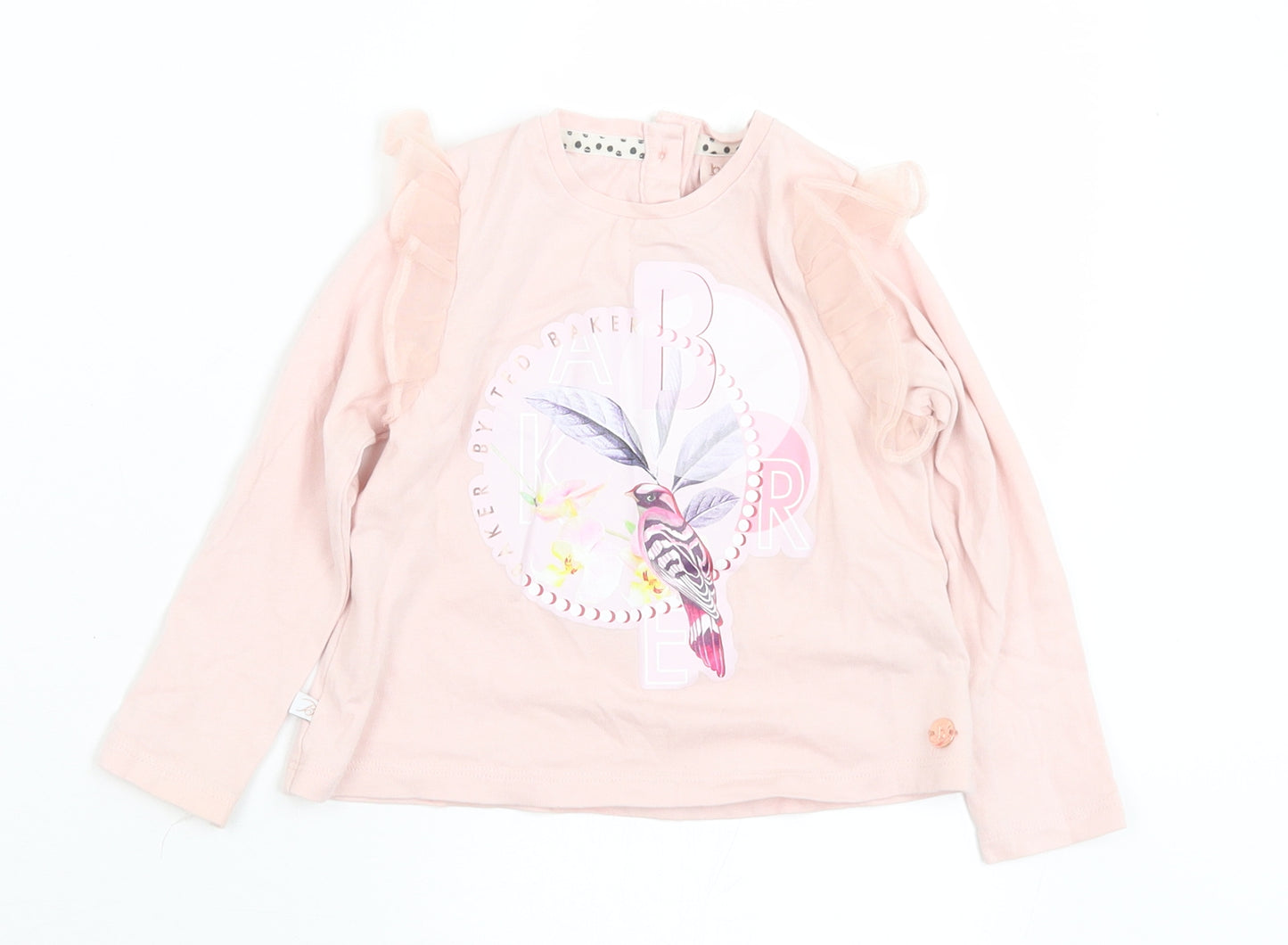 Ted Baker Girls Pink  Cotton Basic T-Shirt Size 12-18 Months Crew Neck Button - Bird