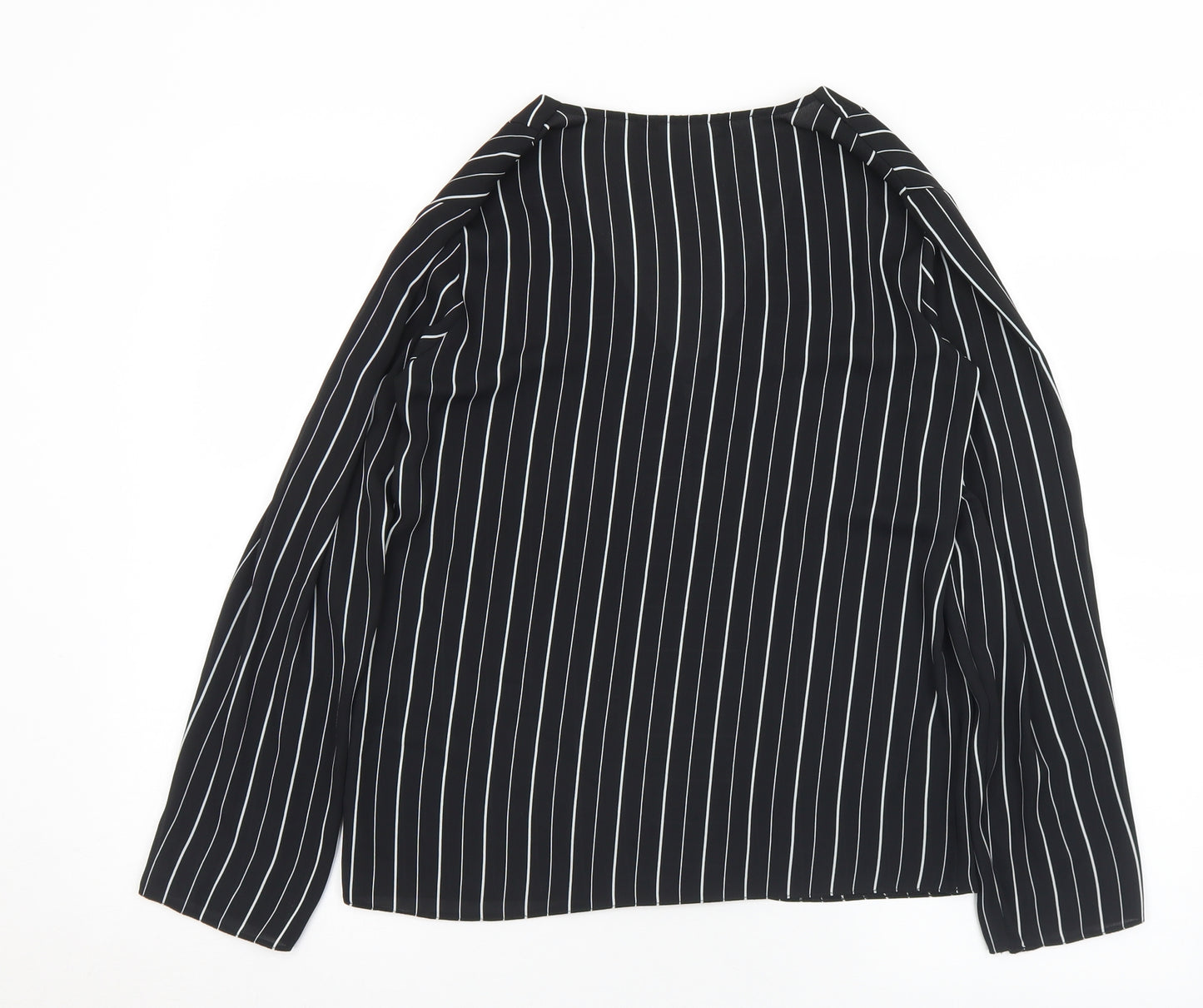 Preworn Womens Black Striped Polyester Basic Blouse Size S V-Neck