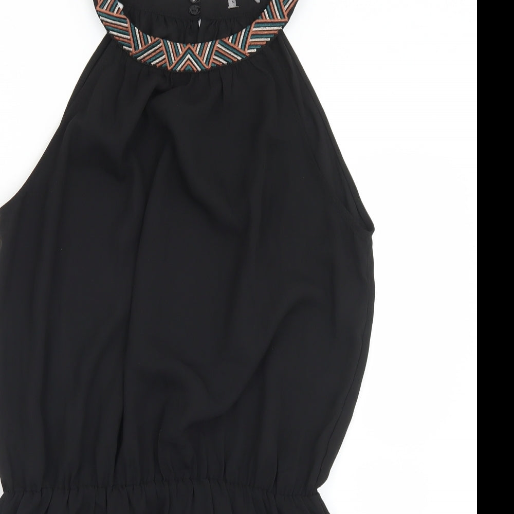Preworn Womens Black Geometric Polyester Tunic Blouse Size M Round Neck