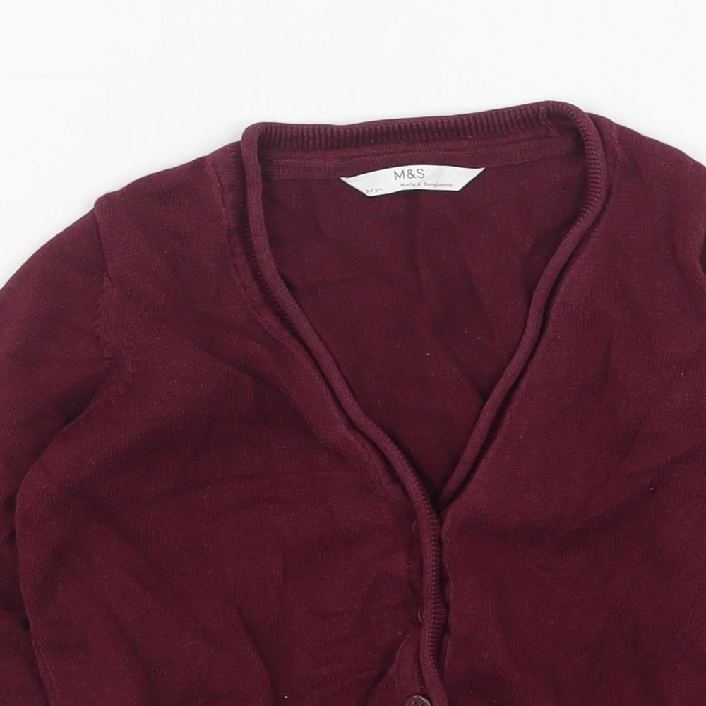 Marks and Spencer Girls Purple V-Neck  Cotton Cardigan Jumper Size 3-4 Years
