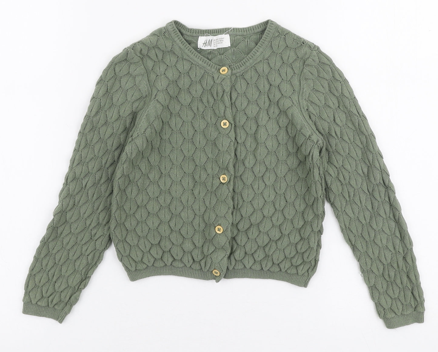 H&M Girls Green Round Neck  100% Cotton Cardigan Jumper Size 3-4 Years  Button