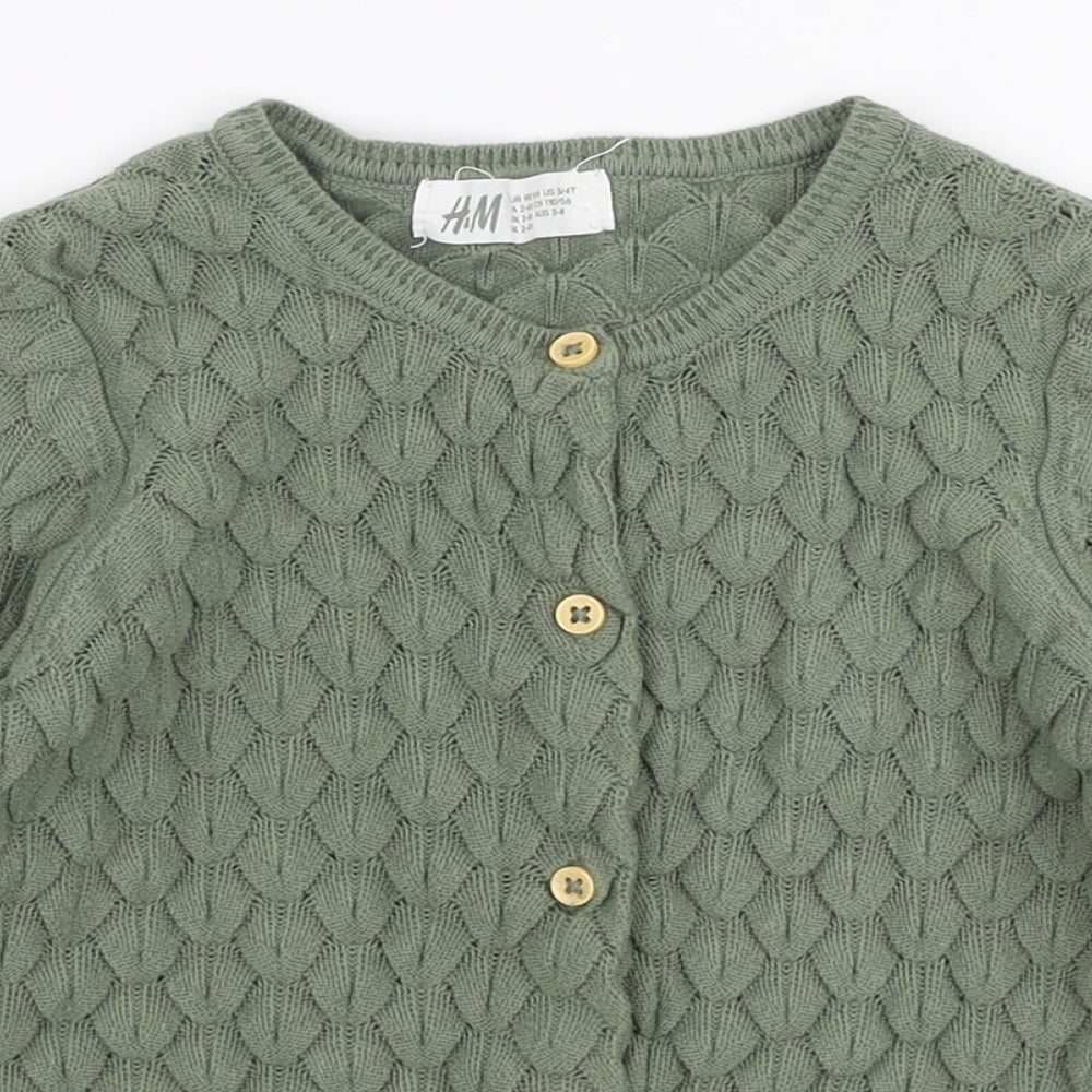 H&M Girls Green Round Neck  100% Cotton Cardigan Jumper Size 3-4 Years  Button