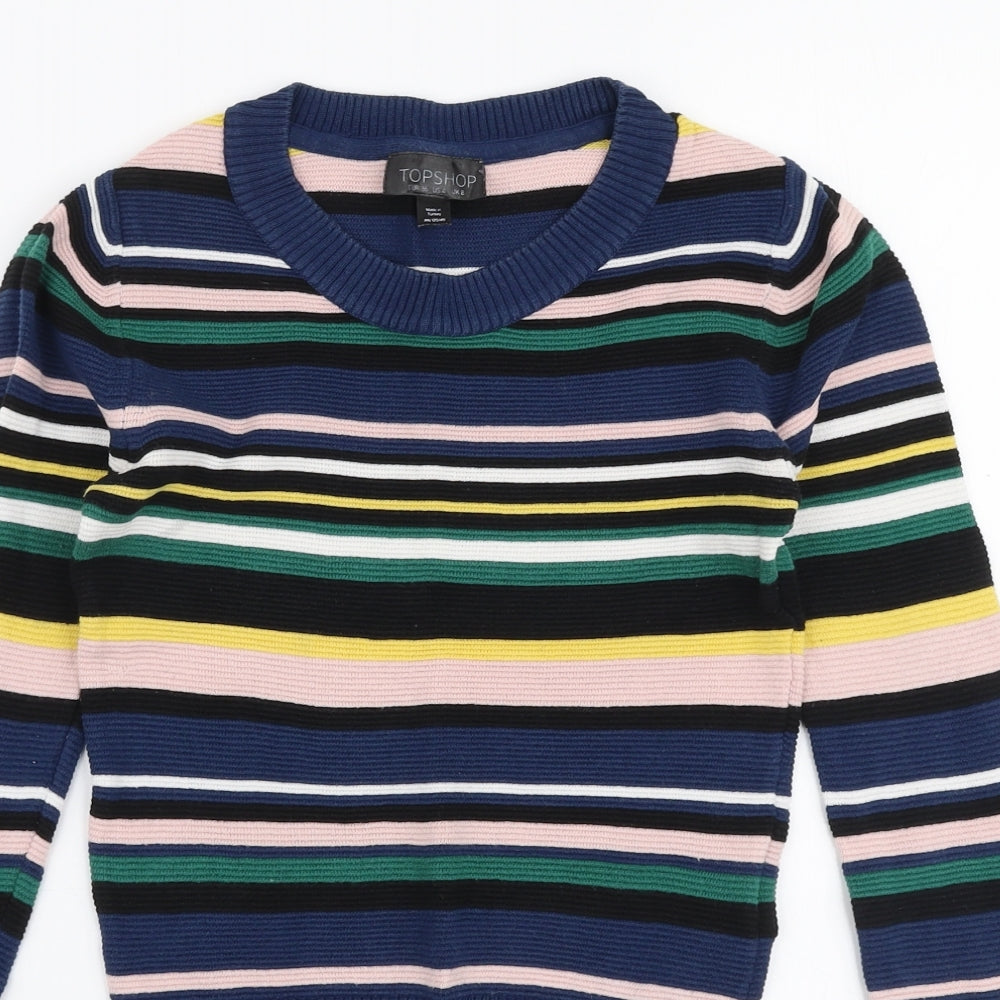 Topshop Womens Multicoloured Round Neck Striped 100% Cotton Pullover Jumper Size 8