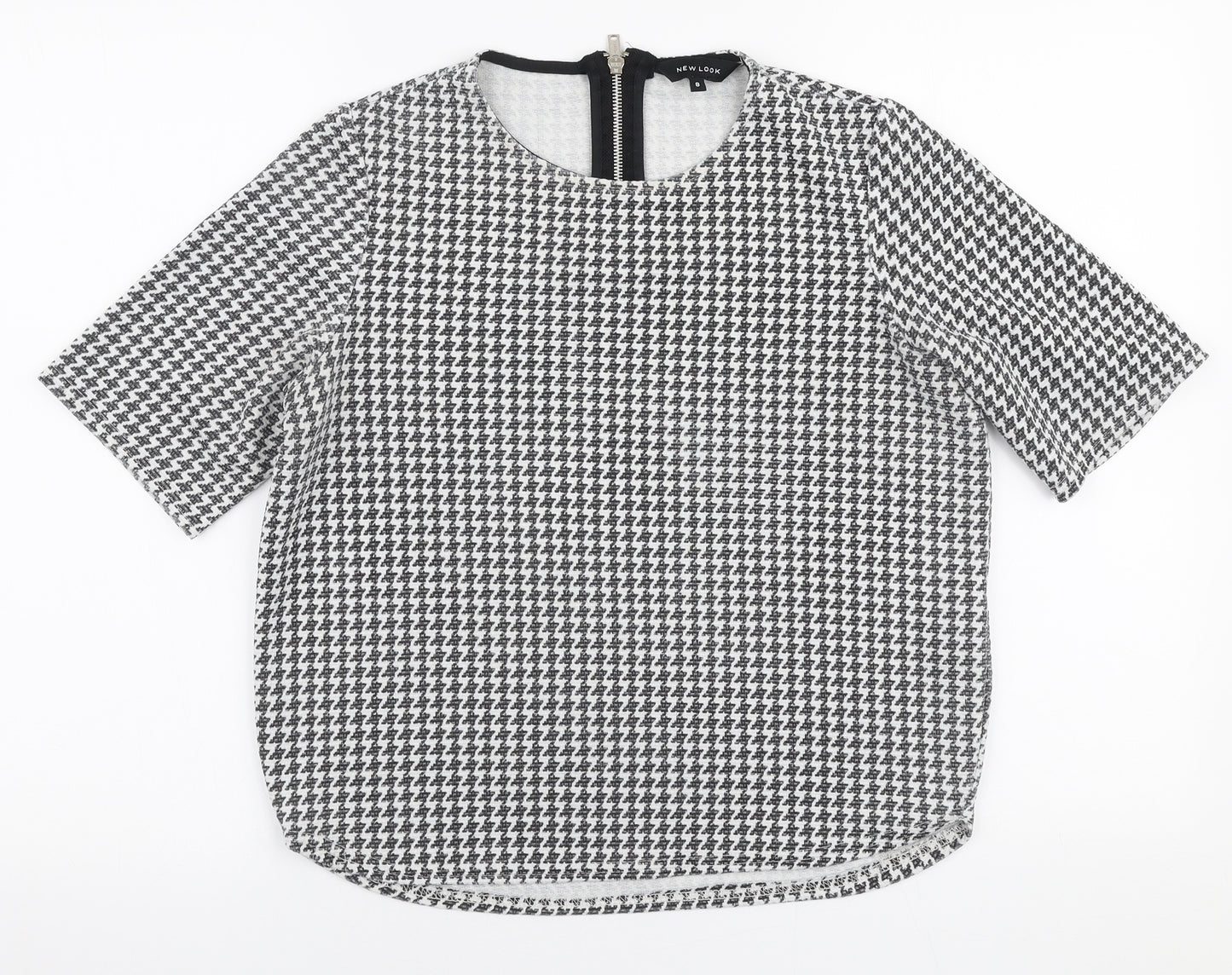 New Look Womens White Geometric Polyester Basic Blouse Size 8 Round Neck