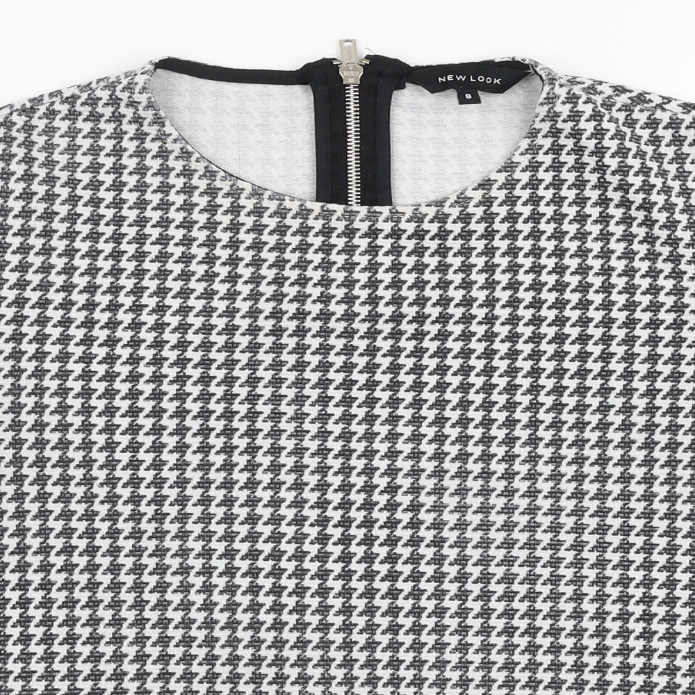 New Look Womens White Geometric Polyester Basic Blouse Size 8 Round Neck