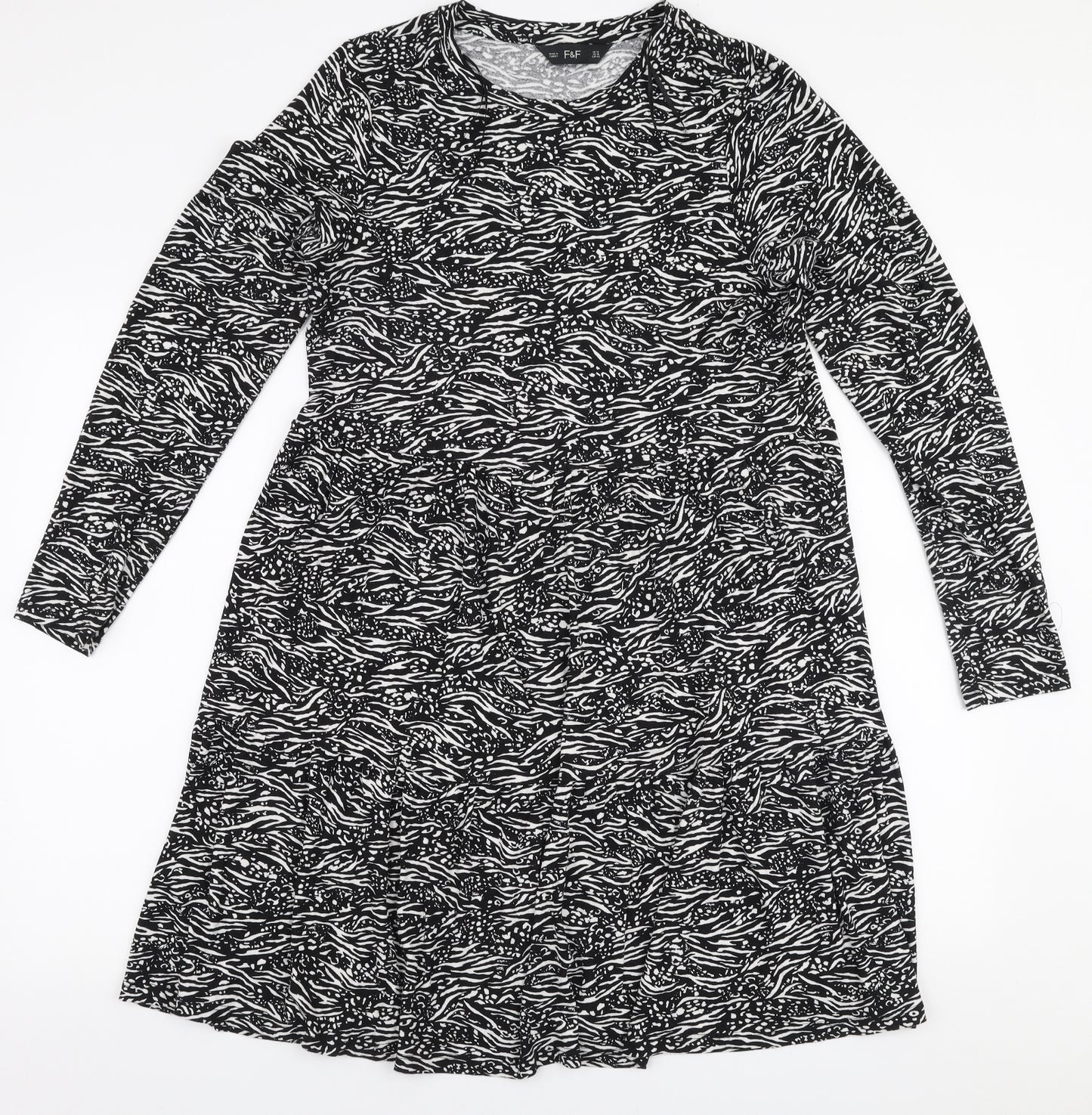 F&F Womens Black Animal Print Viscose Trapeze & Swing  Size 14  Round Neck Pullover
