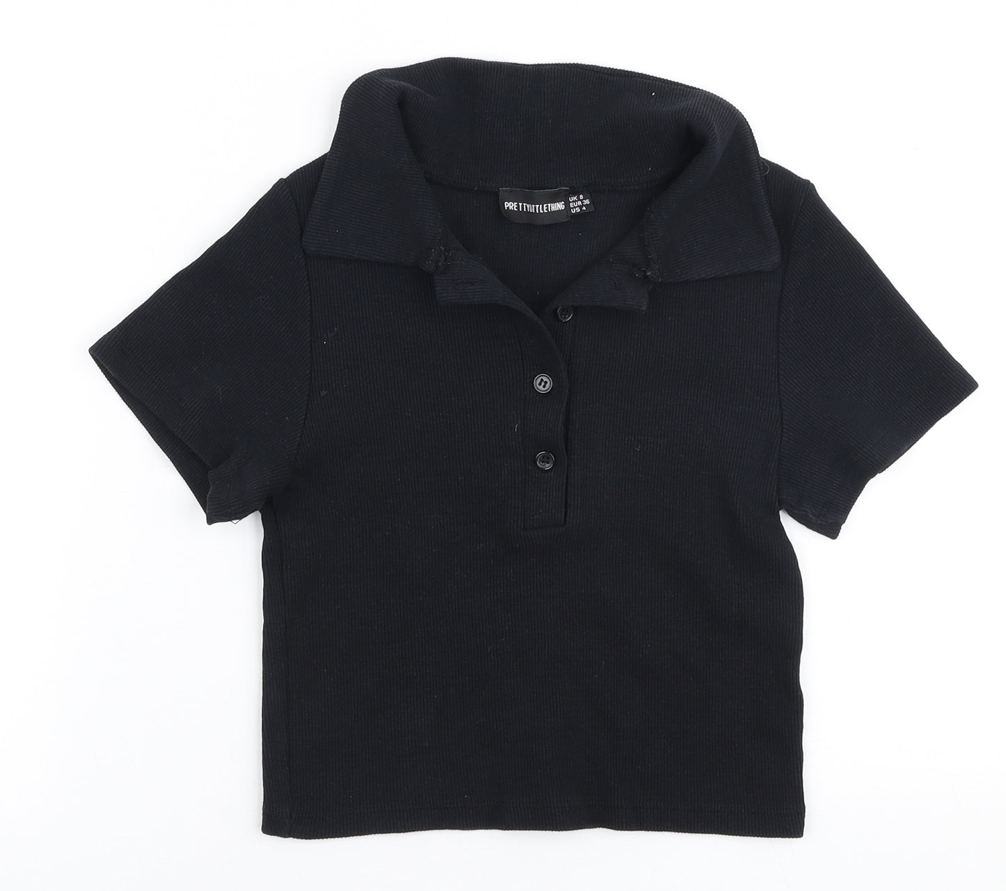 PRETTYLITTLETHING Womens Black  Cotton Cropped T-Shirt Size 8 Collared