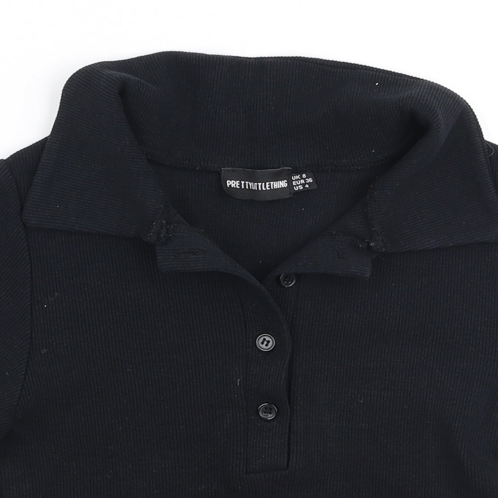 PRETTYLITTLETHING Womens Black  Cotton Cropped T-Shirt Size 8 Collared