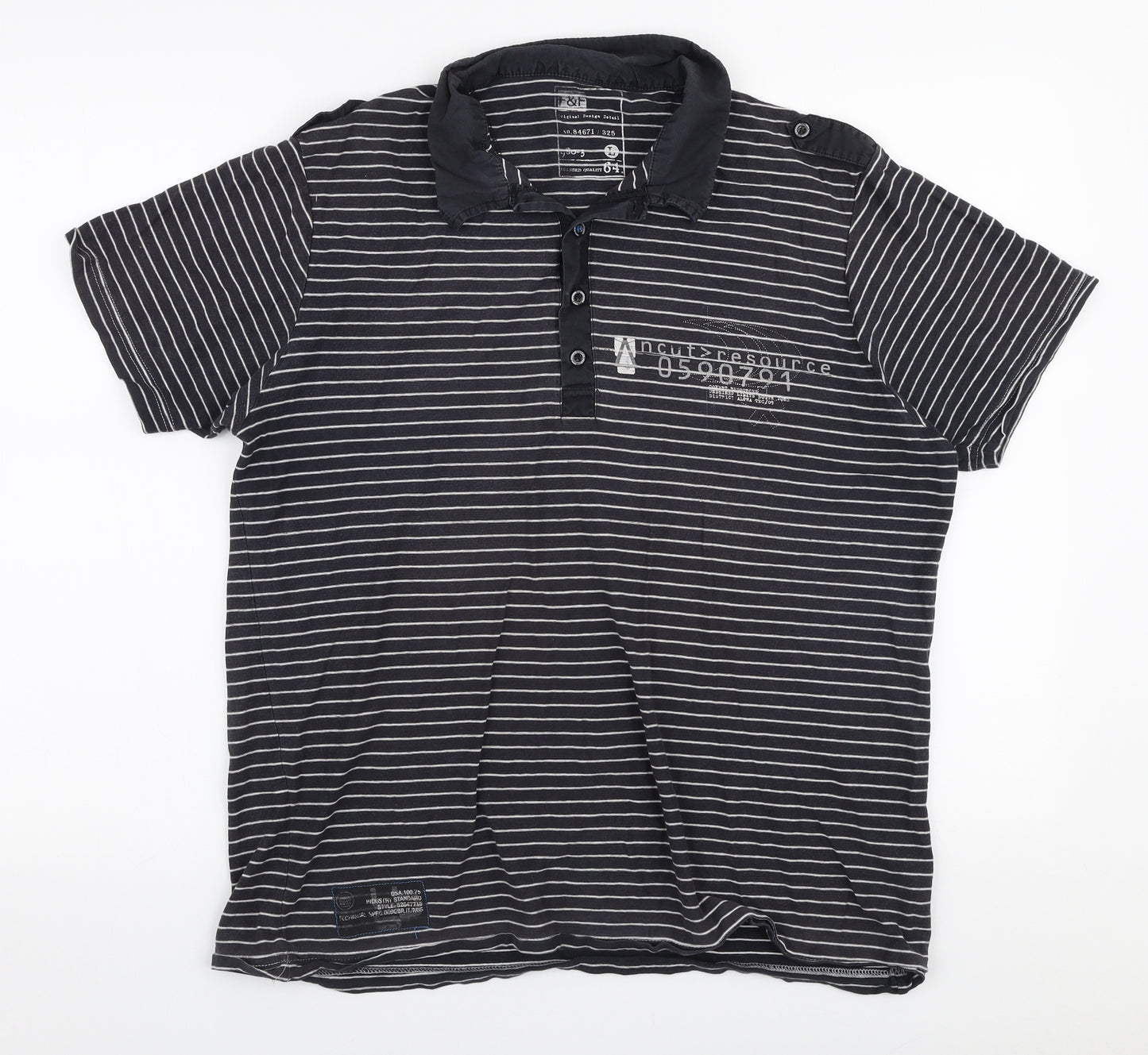 F&F Mens Black Striped Cotton  Polo Size L Collared Button