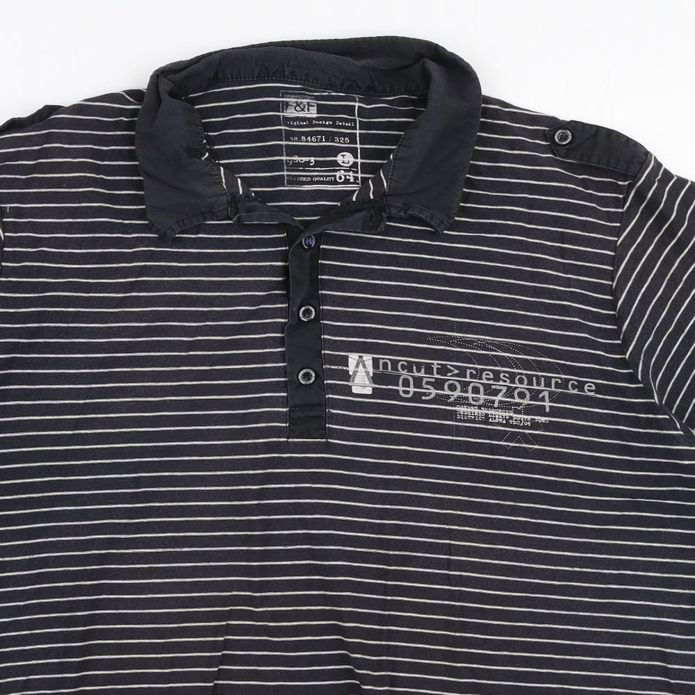 F&F Mens Black Striped Cotton  Polo Size L Collared Button