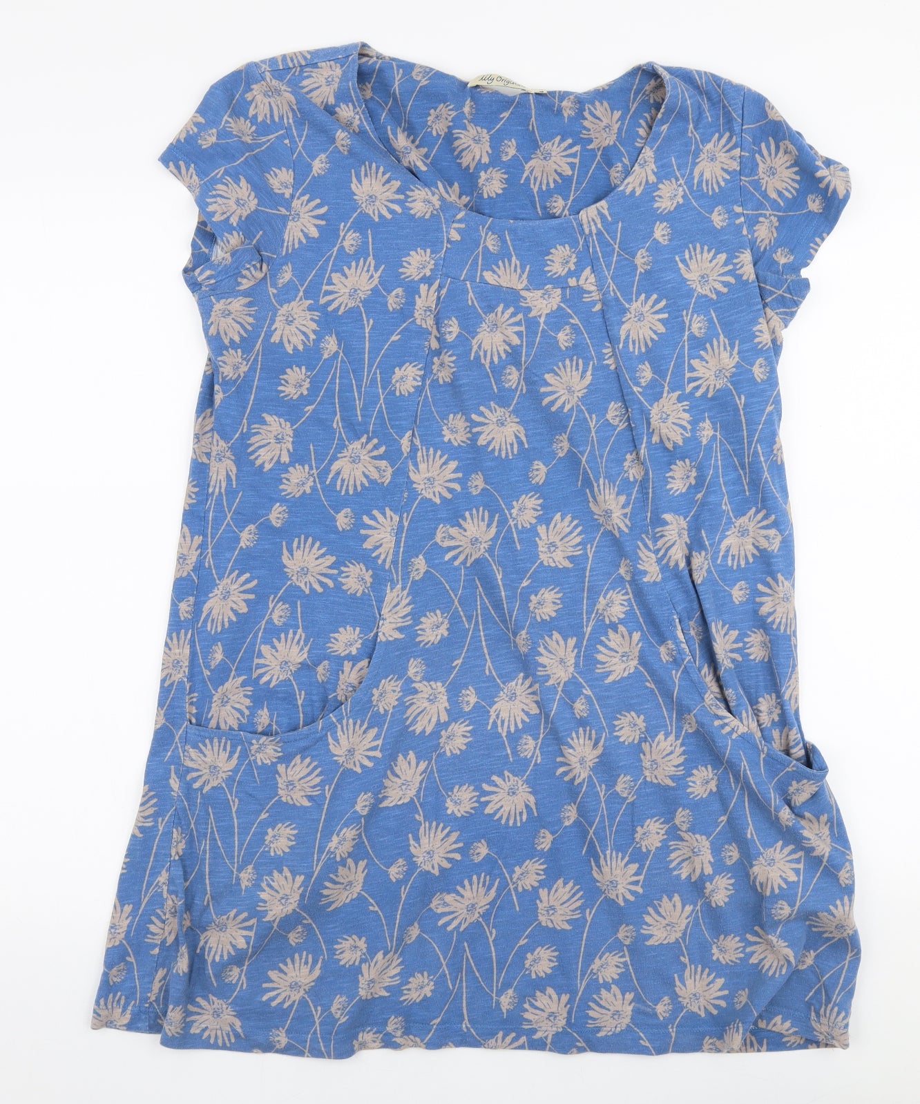 Lily Originals Womens Blue Floral 100% Cotton Jersey Blouse Size 14 Round Neck