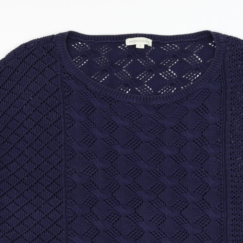 Monsoon Womens Blue Round Neck  Cotton Pullover Jumper Size M