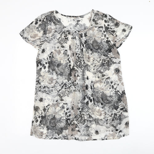 Preworn Womens White Floral Polyester Basic Blouse Size 14 Round Neck