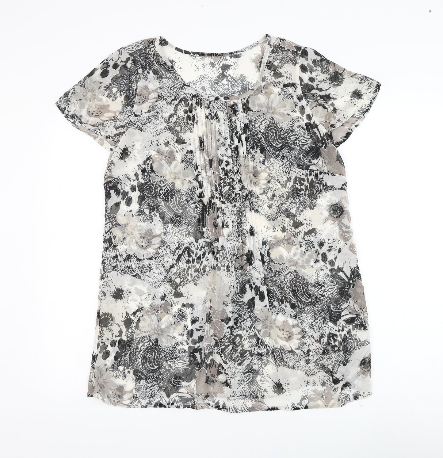 Preworn Womens White Floral Polyester Basic Blouse Size 14 Round Neck