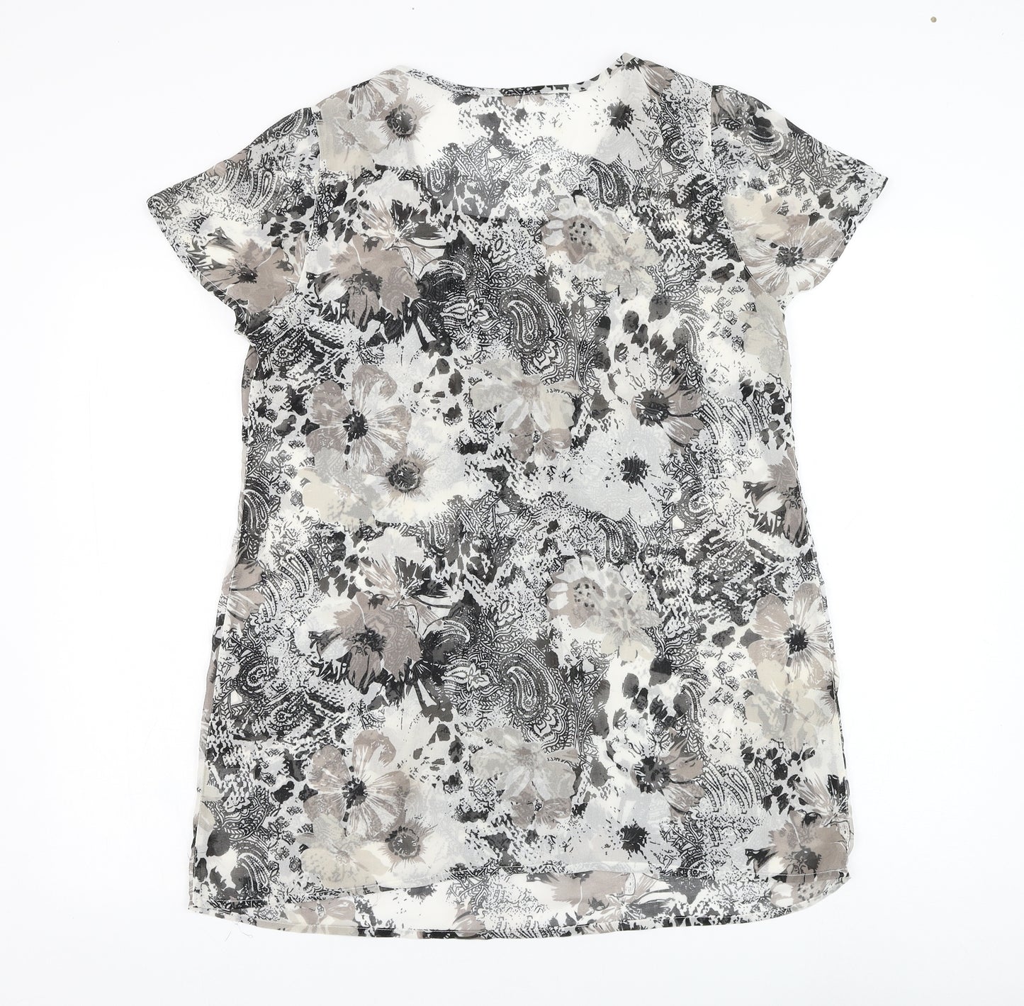 Preworn Womens White Floral Polyester Basic Blouse Size 14 Round Neck
