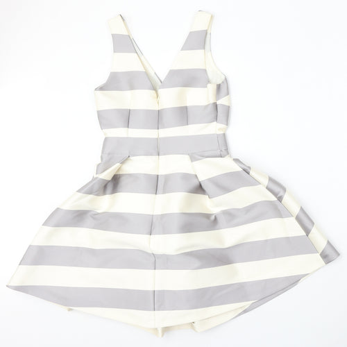 Topshop Womens Beige Striped Polyester Skater Dress  Size 6  V-Neck
