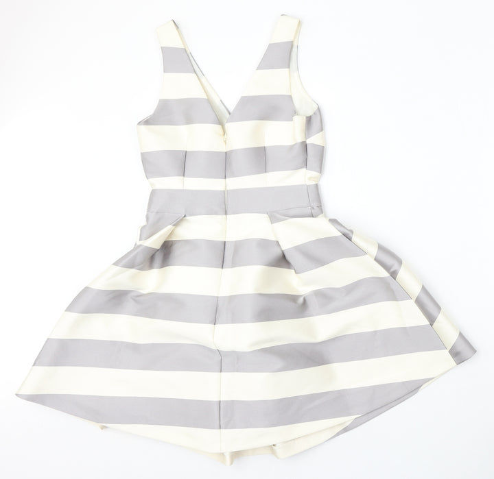 Topshop Womens Beige Striped Polyester Skater Dress  Size 6  V-Neck