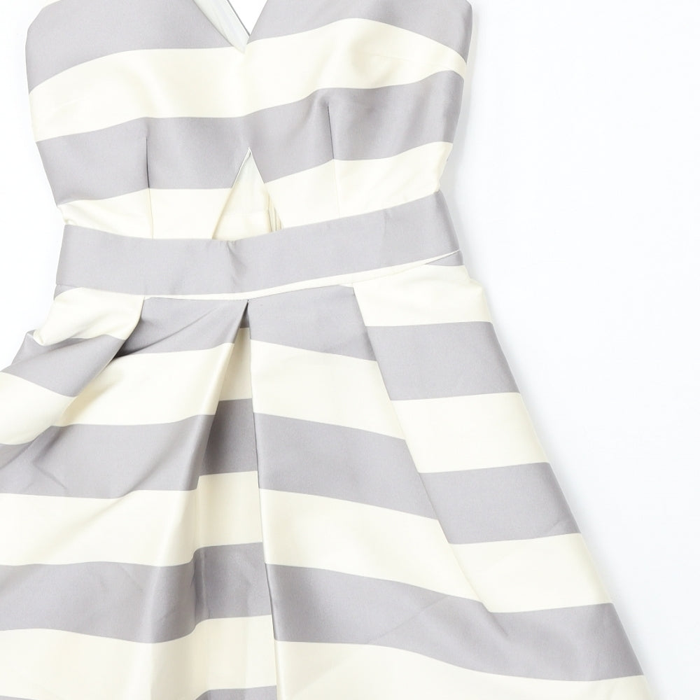 Topshop Womens Beige Striped Polyester Skater Dress  Size 6  V-Neck