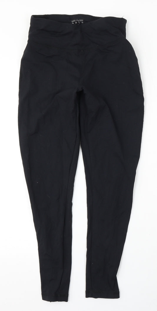Front view of Souluxe women’s black polyamide jogger trousers, size UK 10, 26-inch leg regular