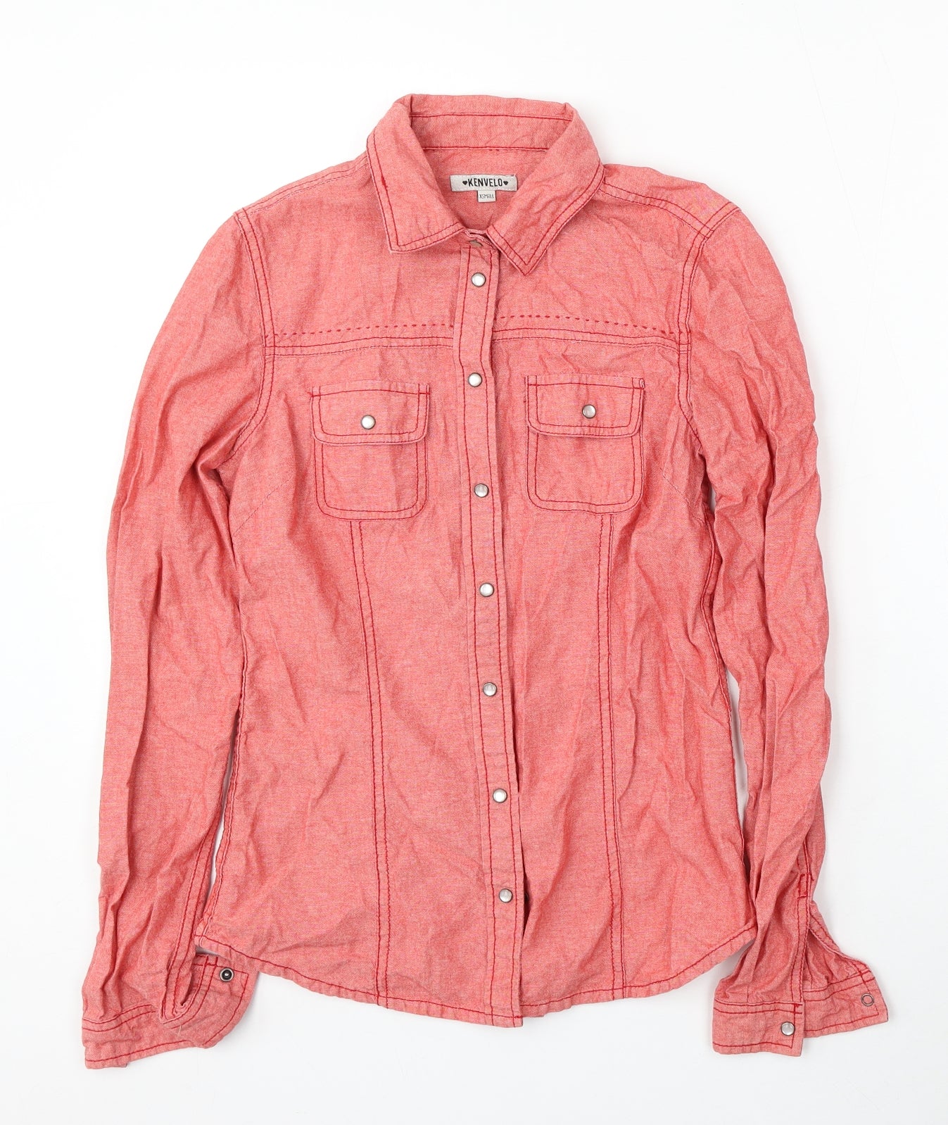 Kenvelo Womens Red  Cotton Basic Button-Up Size XS Collared