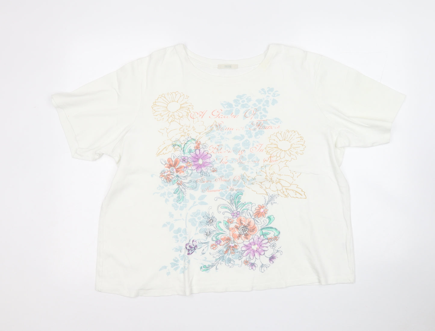 Marks and Spencer Womens White Floral Cotton Basic T-Shirt Size 22 Round Neck