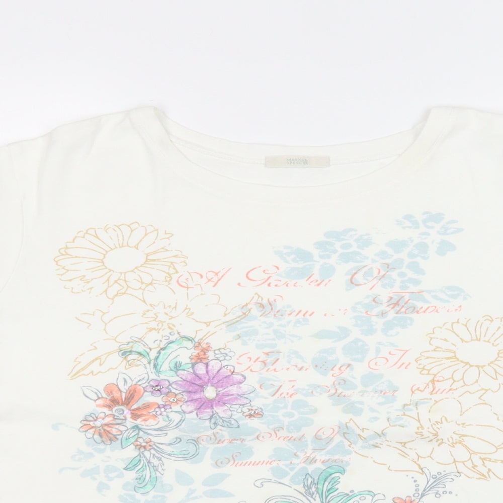 Marks and Spencer Womens White Floral Cotton Basic T-Shirt Size 22 Round Neck