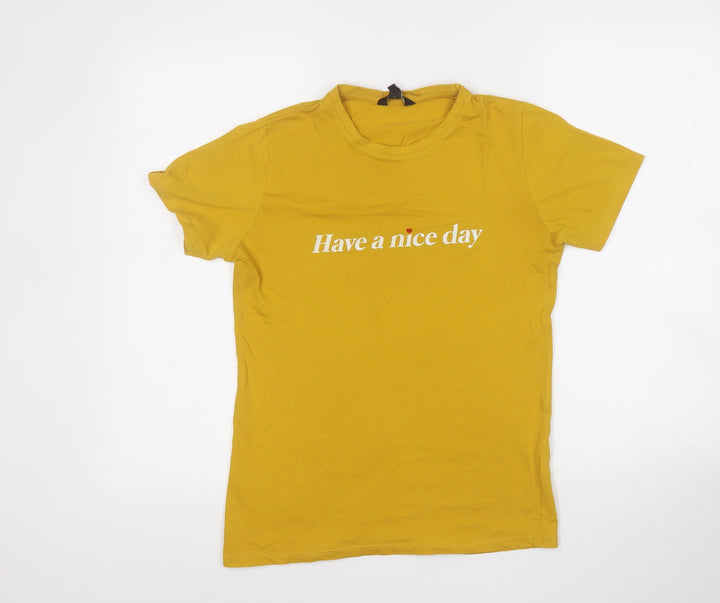 New Look Womens Yellow Cotton Basic T-Shirt Size 8 Round Neck - Have a nice day