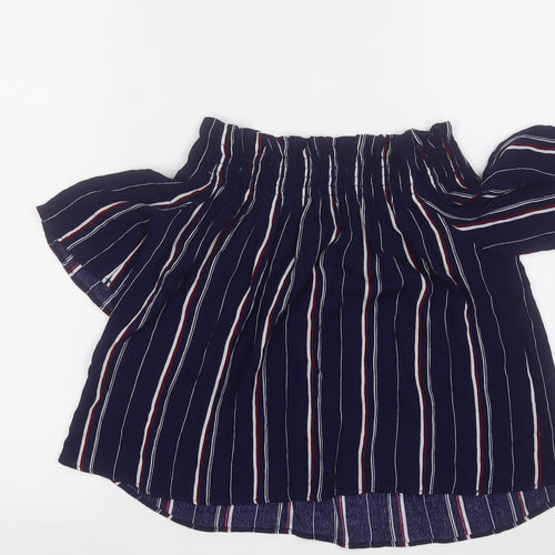 Pull&Bear Womens Blue Striped Viscose Basic Blouse Size S Round Neck