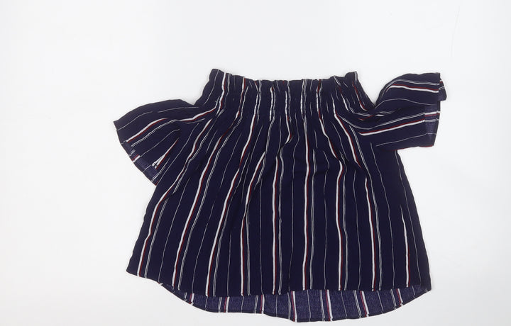 Pull&Bear Womens Blue Striped Viscose Basic Blouse Size S Round Neck