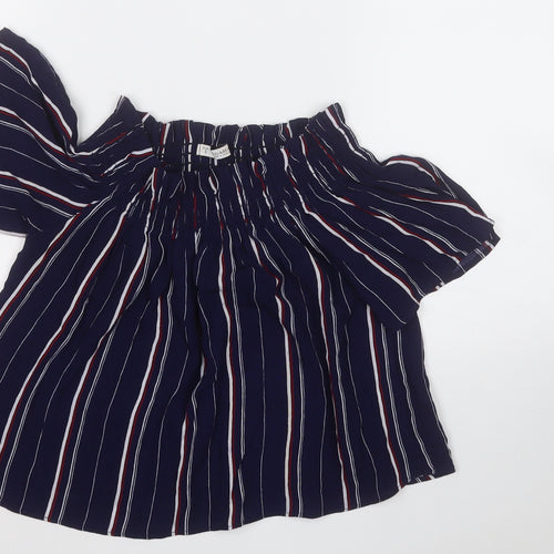 Pull&Bear Womens Blue Striped Viscose Basic Blouse Size S Round Neck