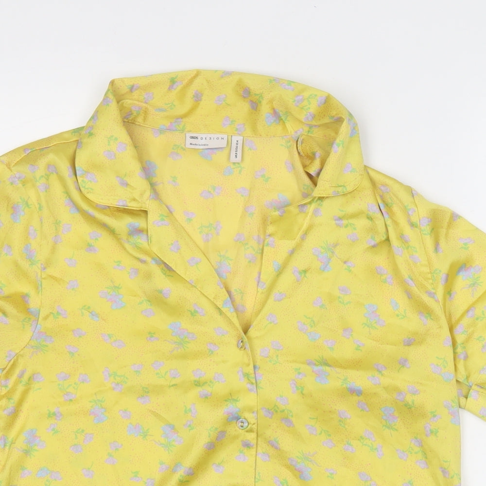 ASOS Womens Yellow Floral Polyester Basic Button-Up Size 8 Collared