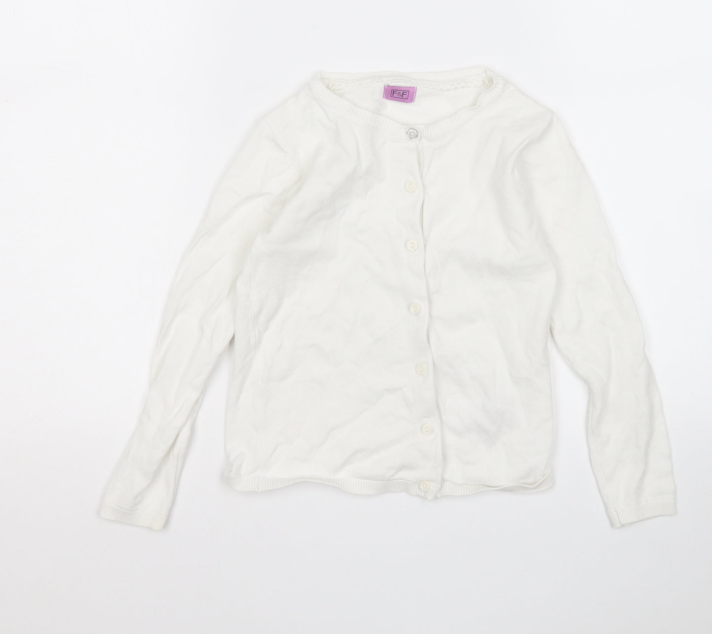 F&F Girls White Round Neck  Cotton Cardigan Jumper Size 5-6 Years