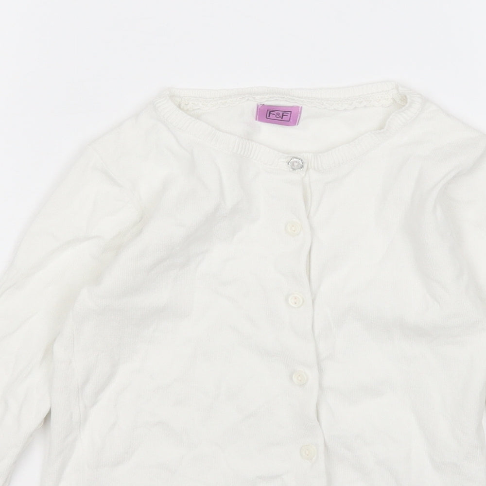 F&F Girls White Round Neck  Cotton Cardigan Jumper Size 5-6 Years